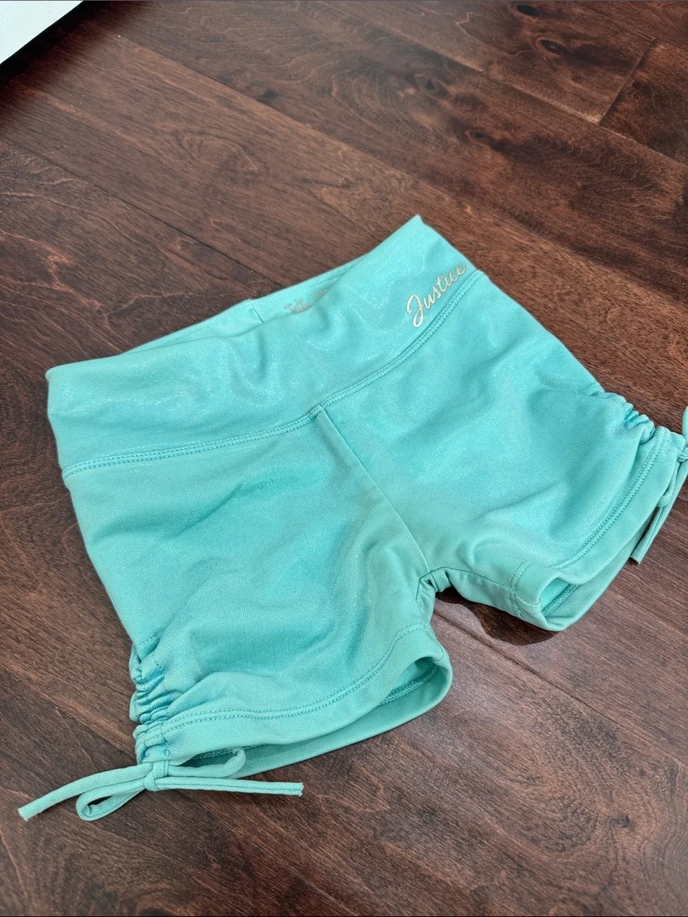 Justice Girls Dance Shorts Shimmery Aqua Blue Green Ruched Sides, size XS 5/6